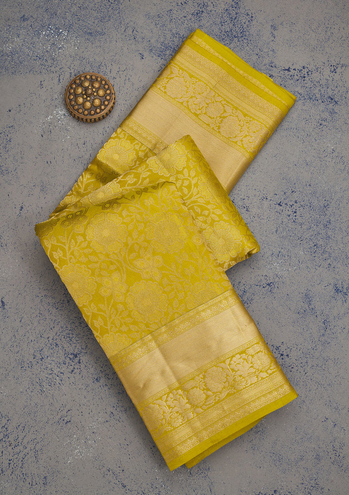 Parrot Green Silk Jaal Gold Zariwork Saree With Matching Blouse Piece