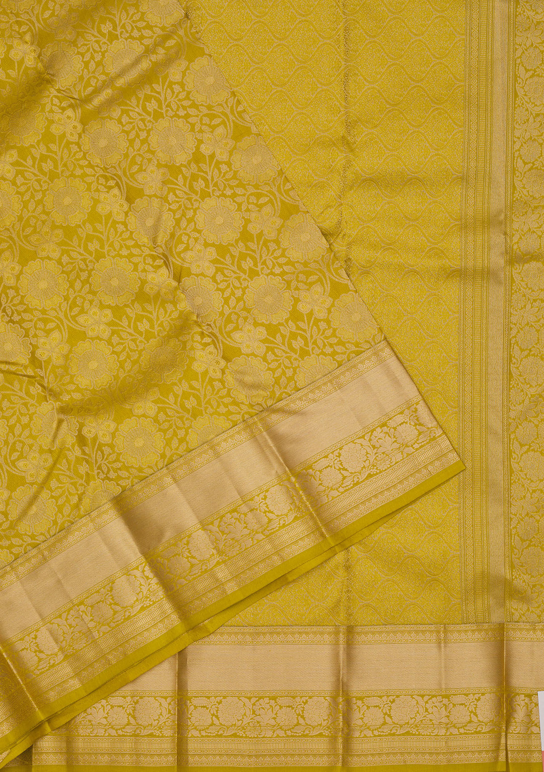 Parrot Green Silk Jaal Gold Zariwork Saree With Matching Blouse Piece