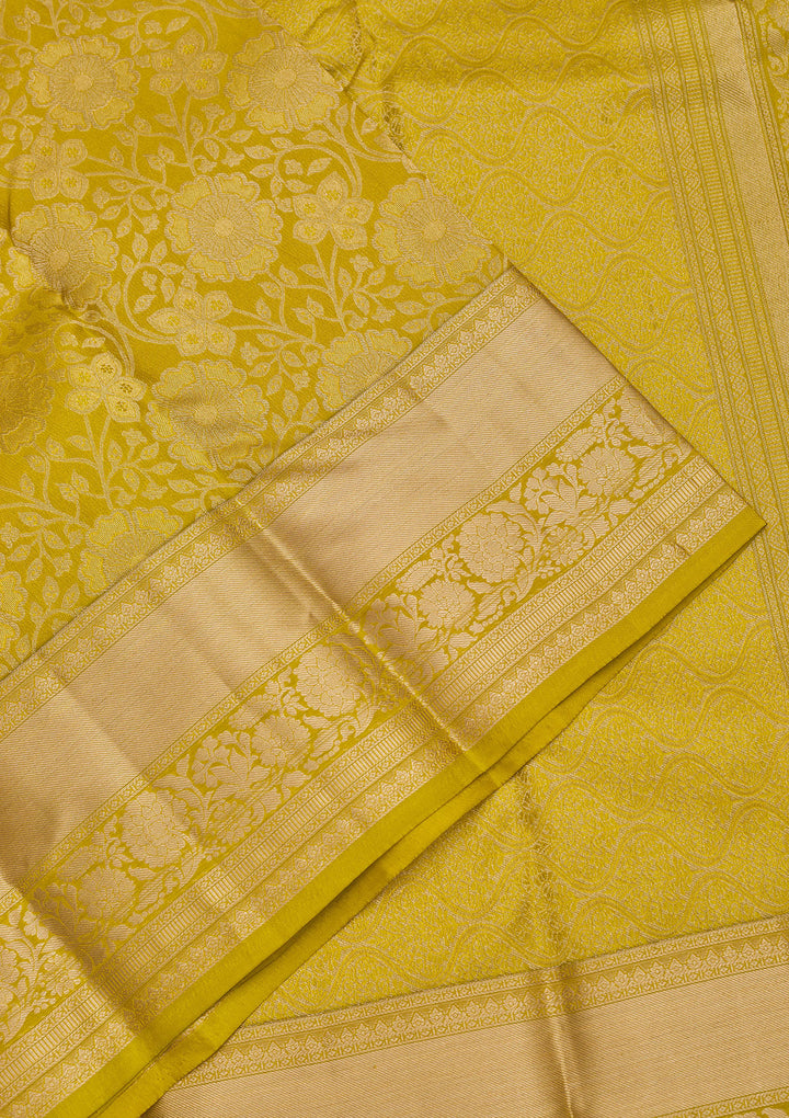 Parrot Green Silk Jaal Gold Zariwork Saree With Matching Blouse Piece
