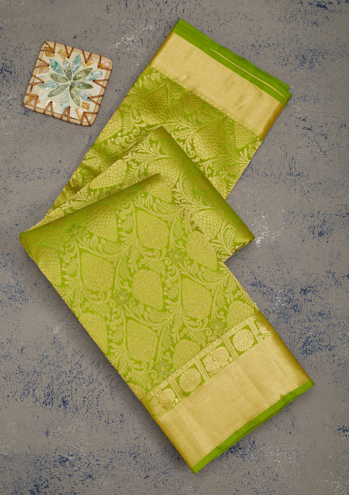 Parrot Green Silk Jaal Gold Zariwork Saree With Matching Blouse Piece