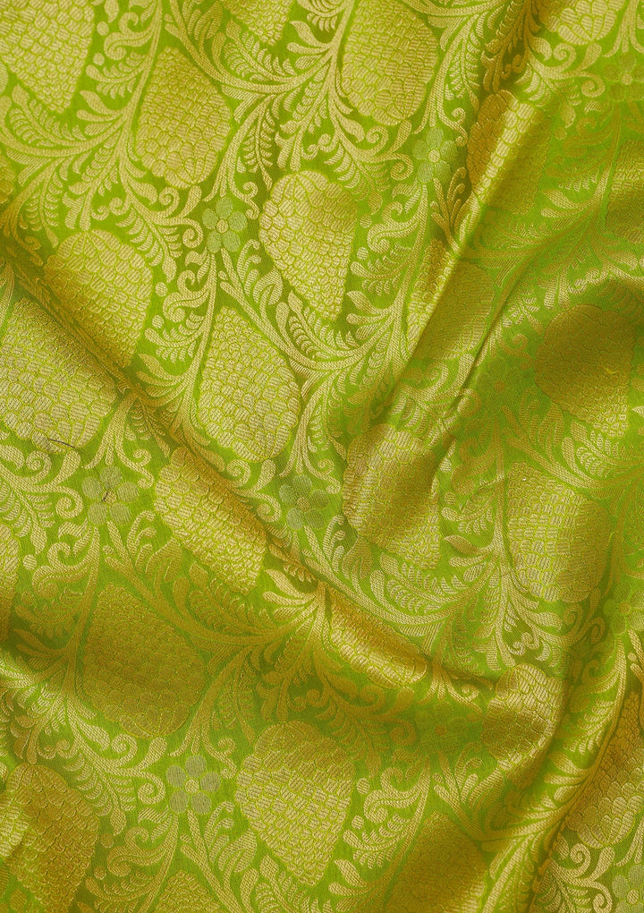 Parrot Green Silk Jaal Gold Zariwork Saree With Matching Blouse Piece