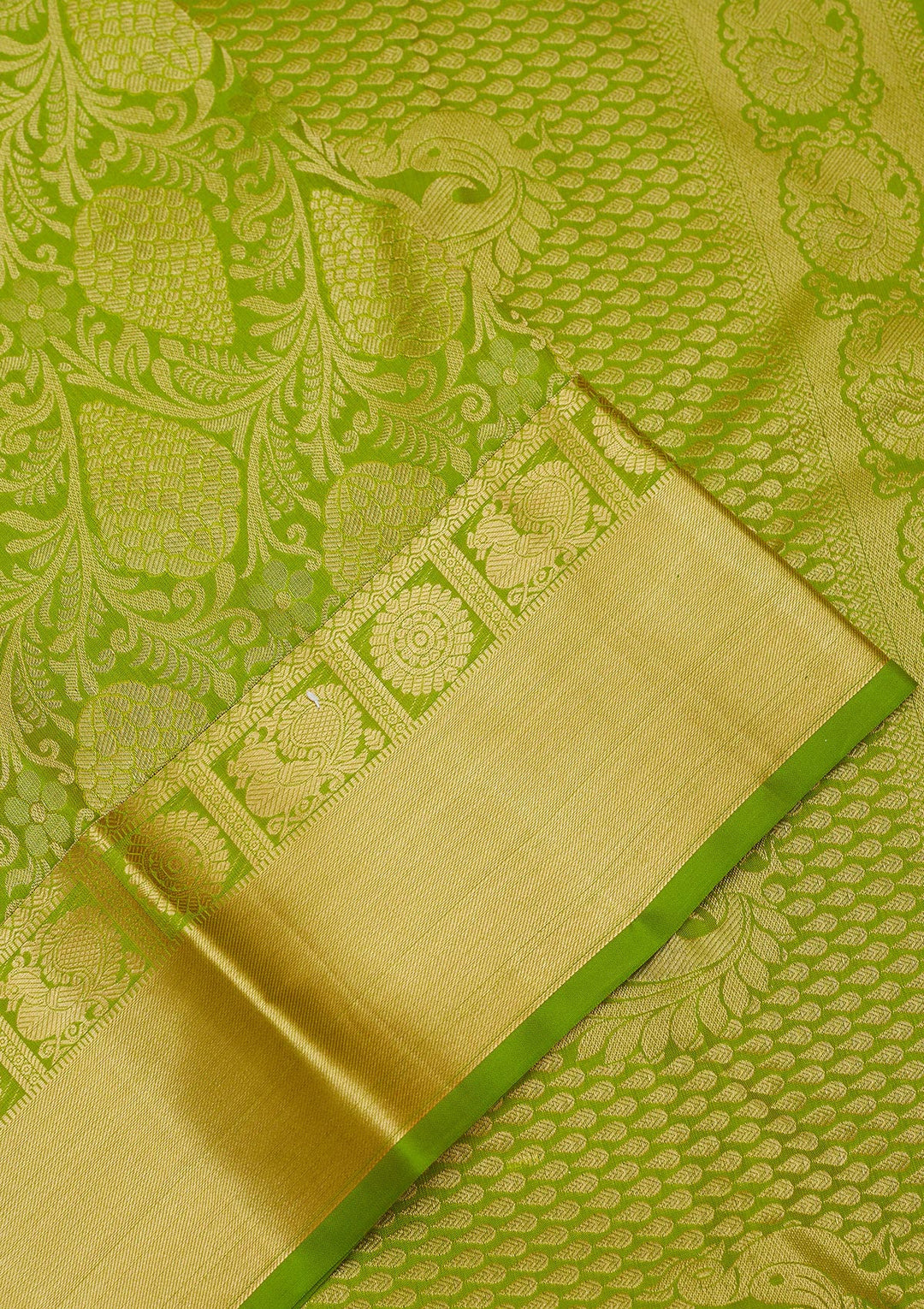Parrot Green Silk Jaal Gold Zariwork Saree With Matching Blouse Piece