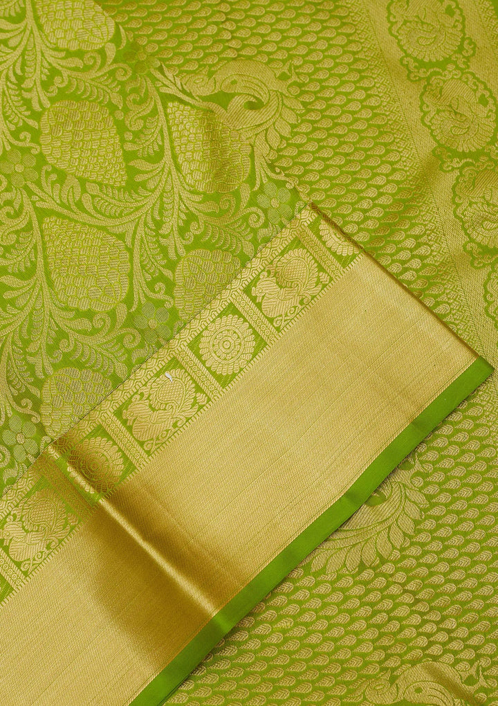 Parrot Green Silk Jaal Gold Zariwork Saree With Matching Blouse Piece