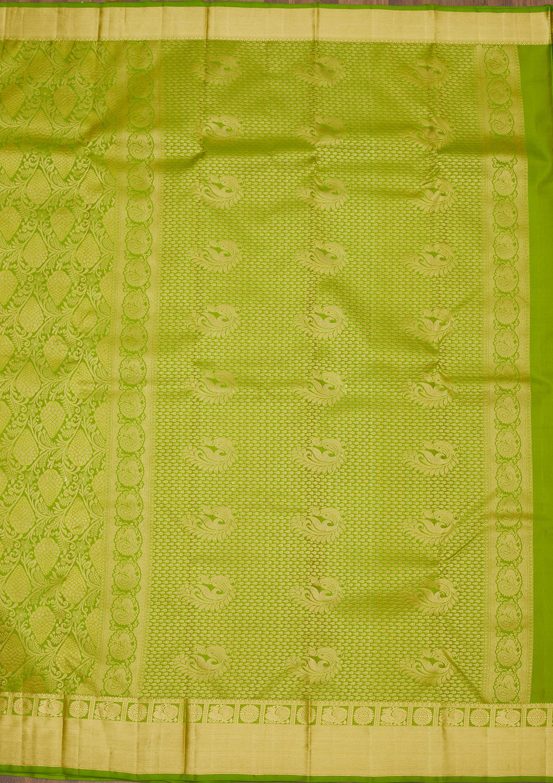 Parrot Green Silk Jaal Gold Zariwork Saree With Matching Blouse Piece