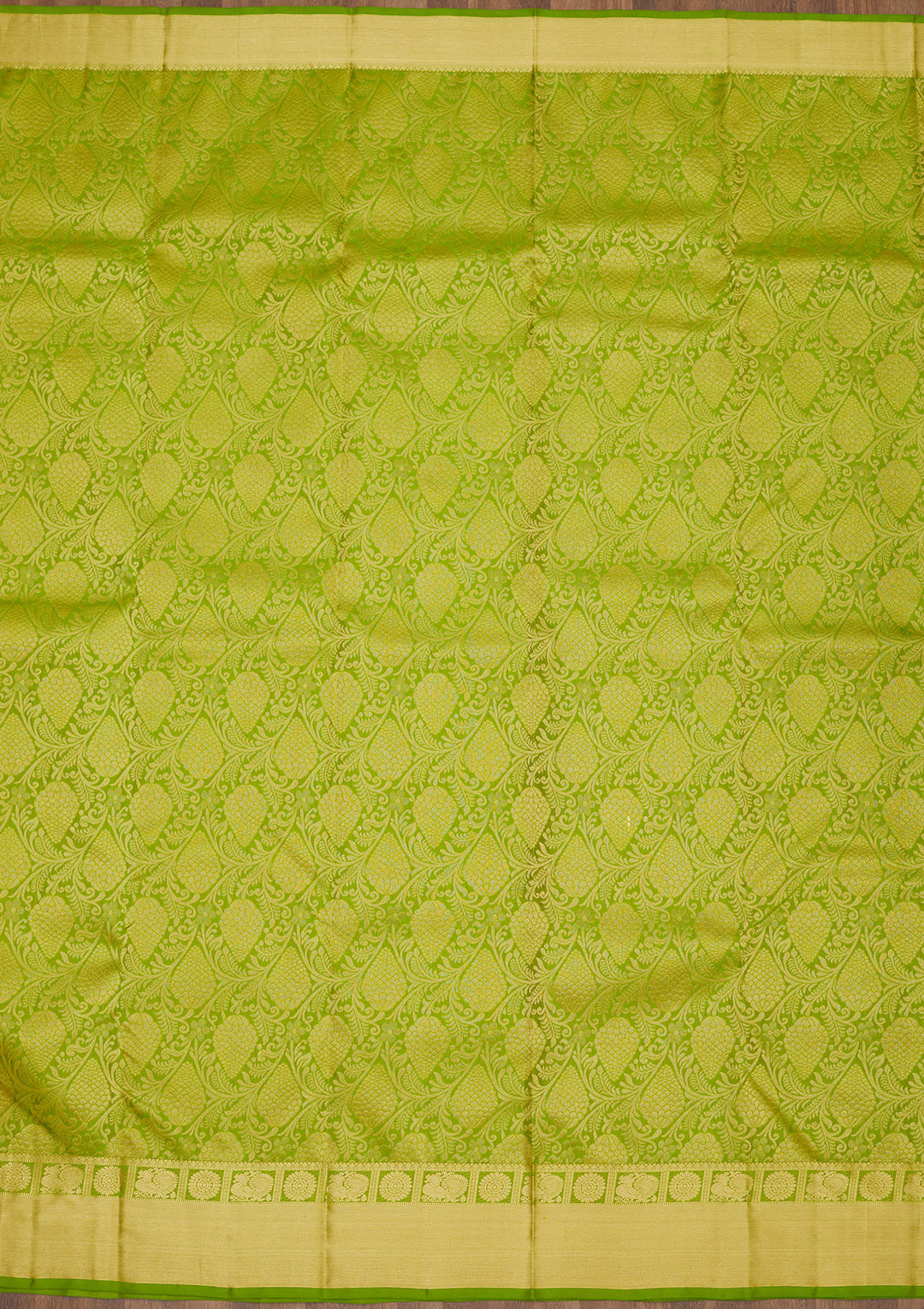 Parrot Green Silk Jaal Gold Zariwork Saree With Matching Blouse Piece