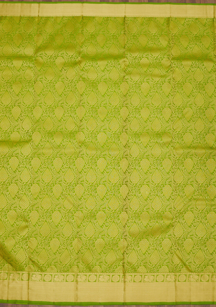 Parrot Green Silk Jaal Gold Zariwork Saree With Matching Blouse Piece