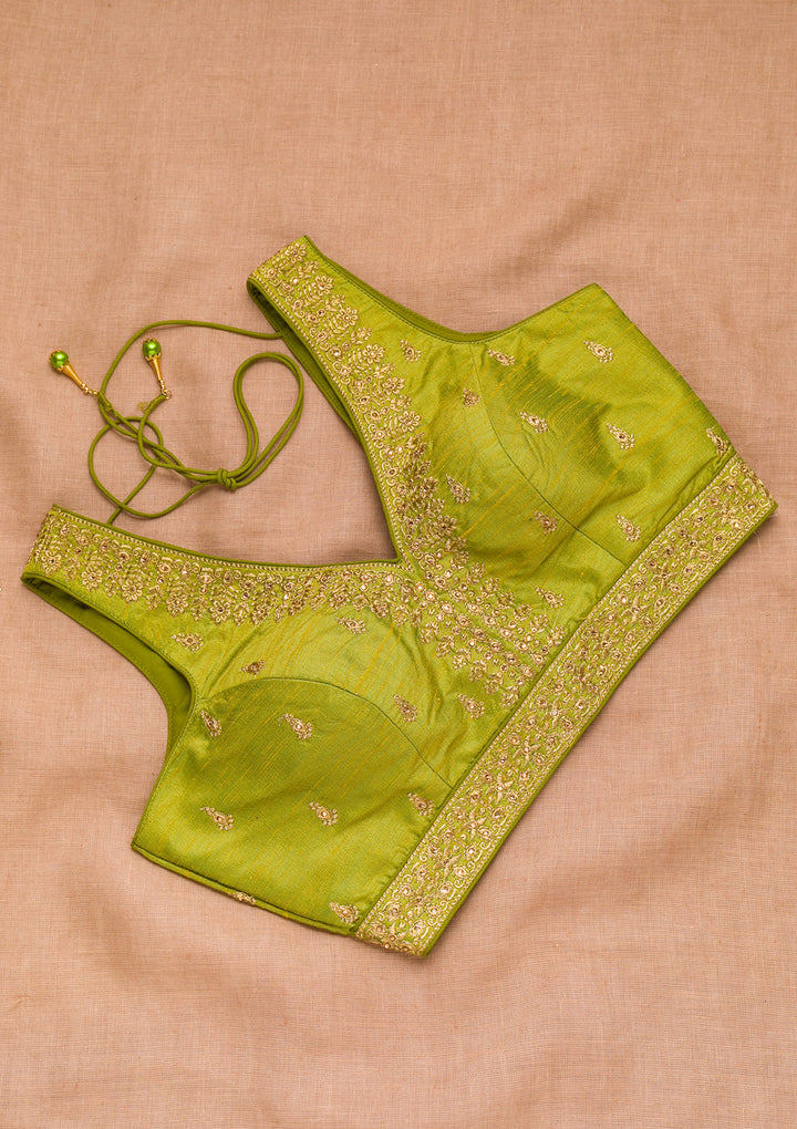 Parrot Green Zariwork Raw Silk Blouse