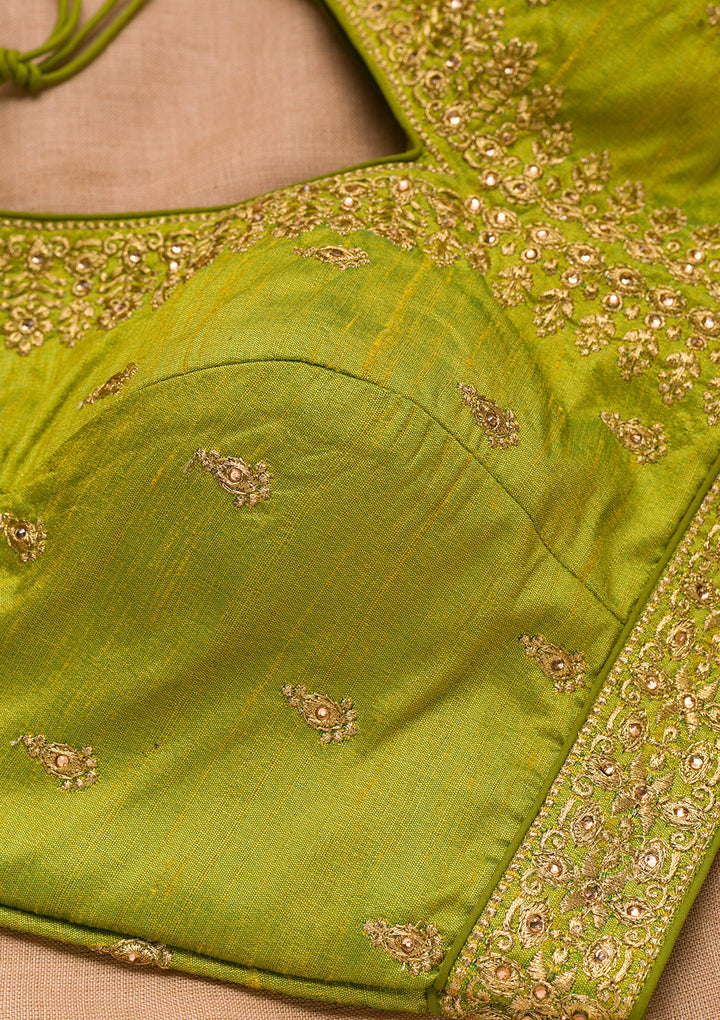 Parrot Green Zariwork Raw Silk Blouse