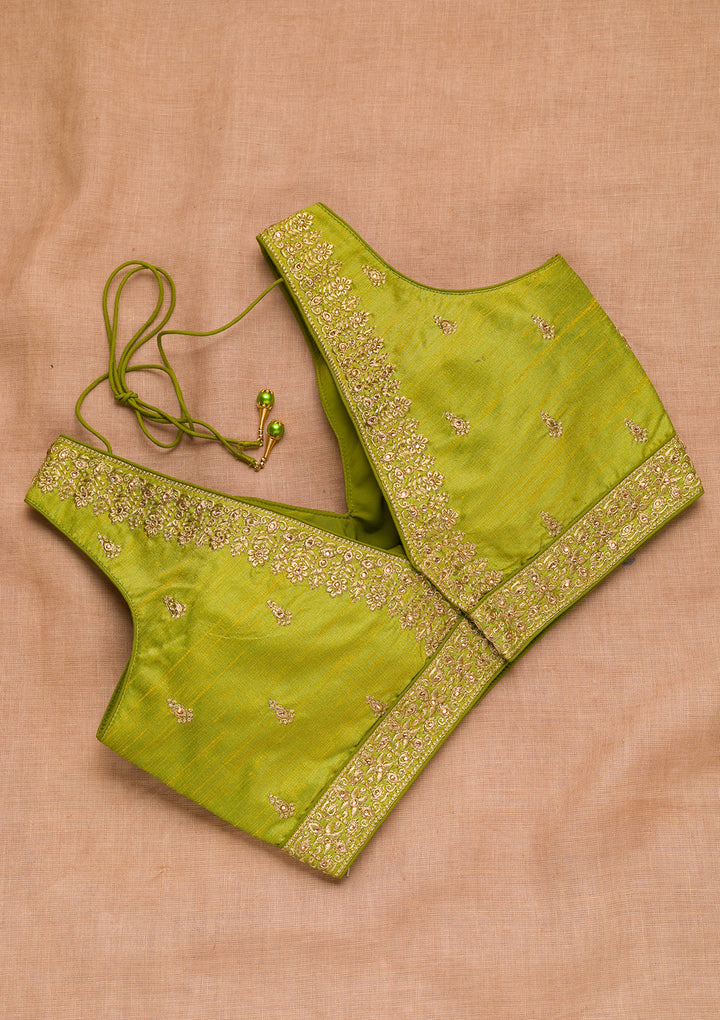 Parrot Green Zariwork Raw Silk Blouse