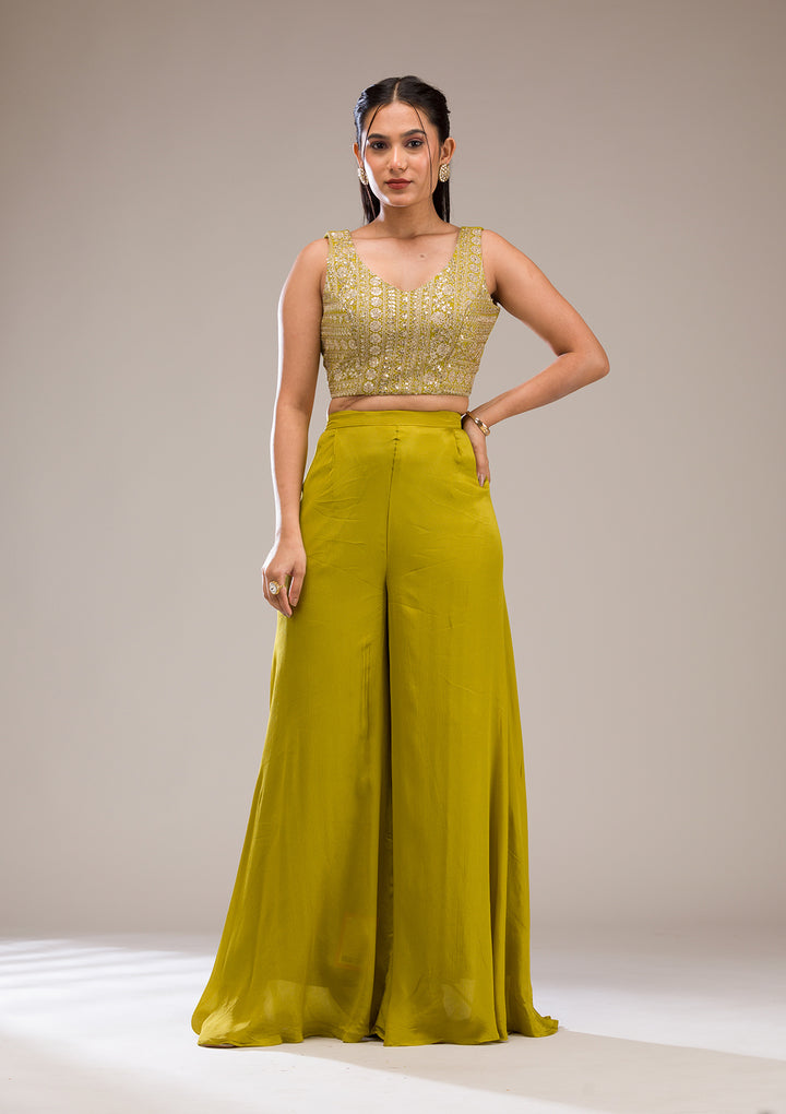 Parrot Green Zariwork Semi Crepe Readymade Salwar Suit