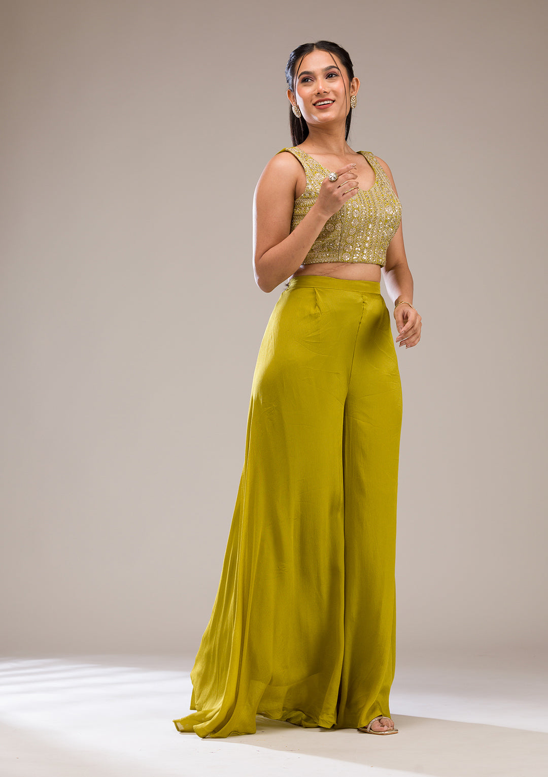 Parrot Green Zariwork Semi Crepe Readymade Salwar Suit