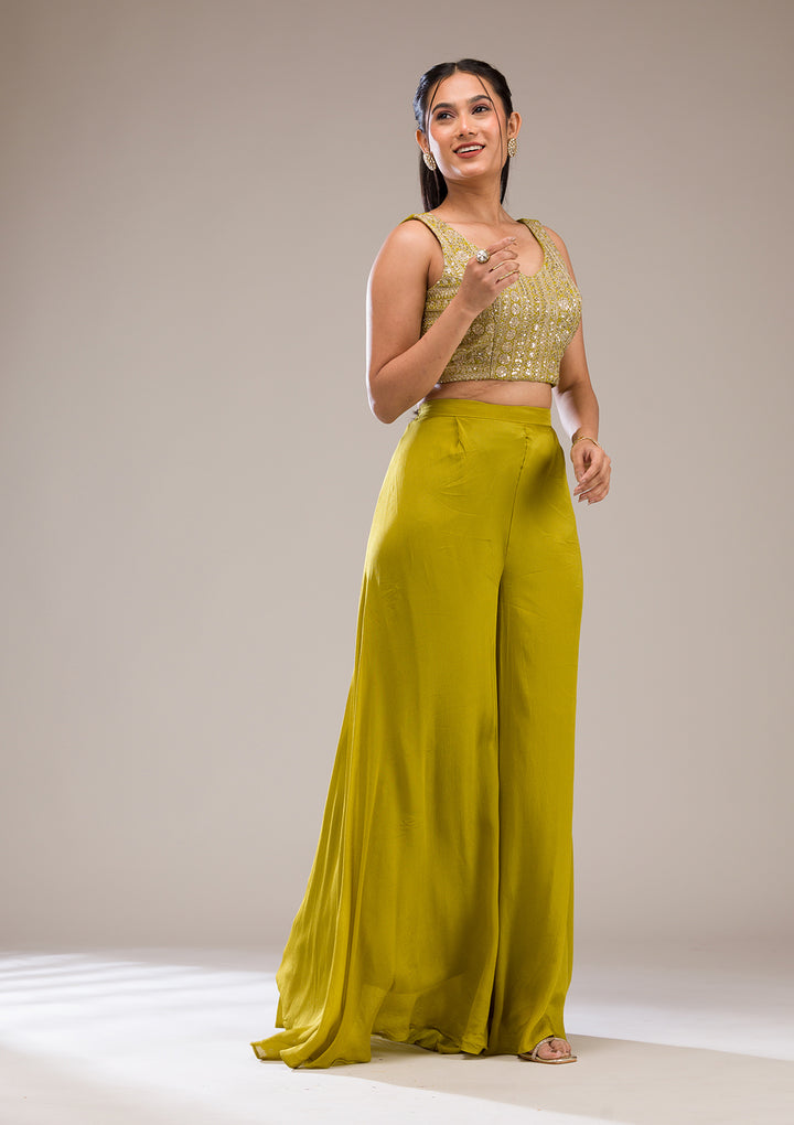 Parrot Green Zariwork Semi Crepe Readymade Salwar Suit