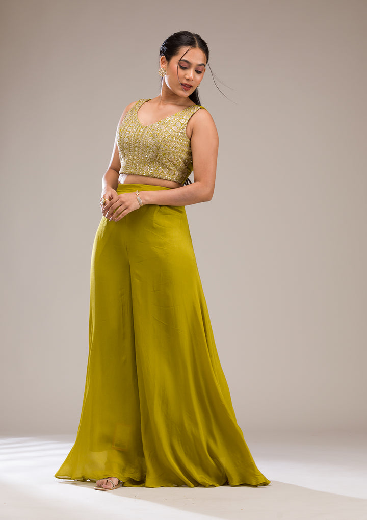 Parrot Green Zariwork Semi Crepe Readymade Salwar Suit