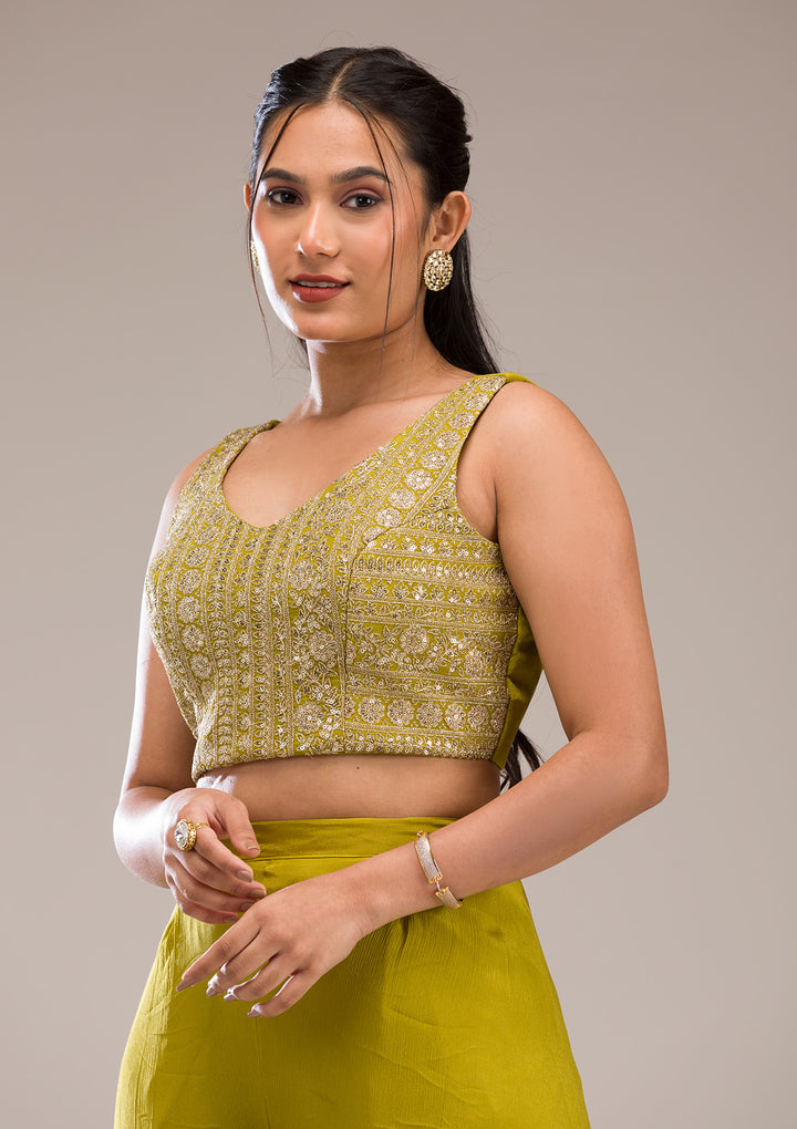 Parrot Green Zariwork Semi Crepe Readymade Salwar Suit