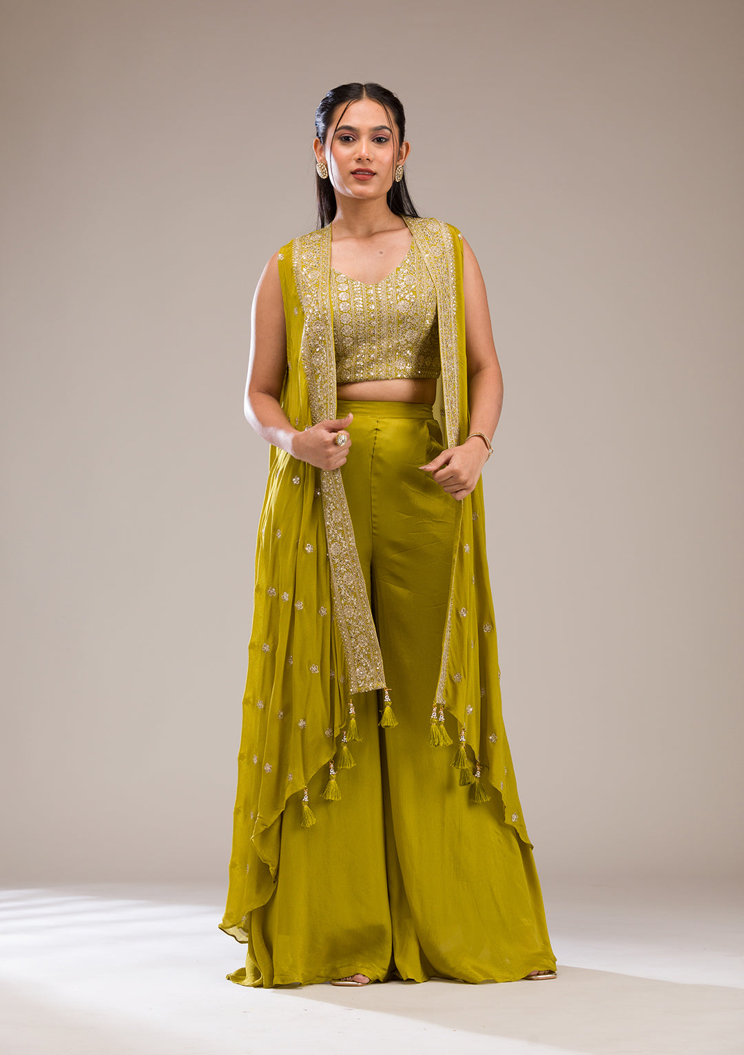 Parrot Green Zariwork Semi Crepe Readymade Salwar Suit