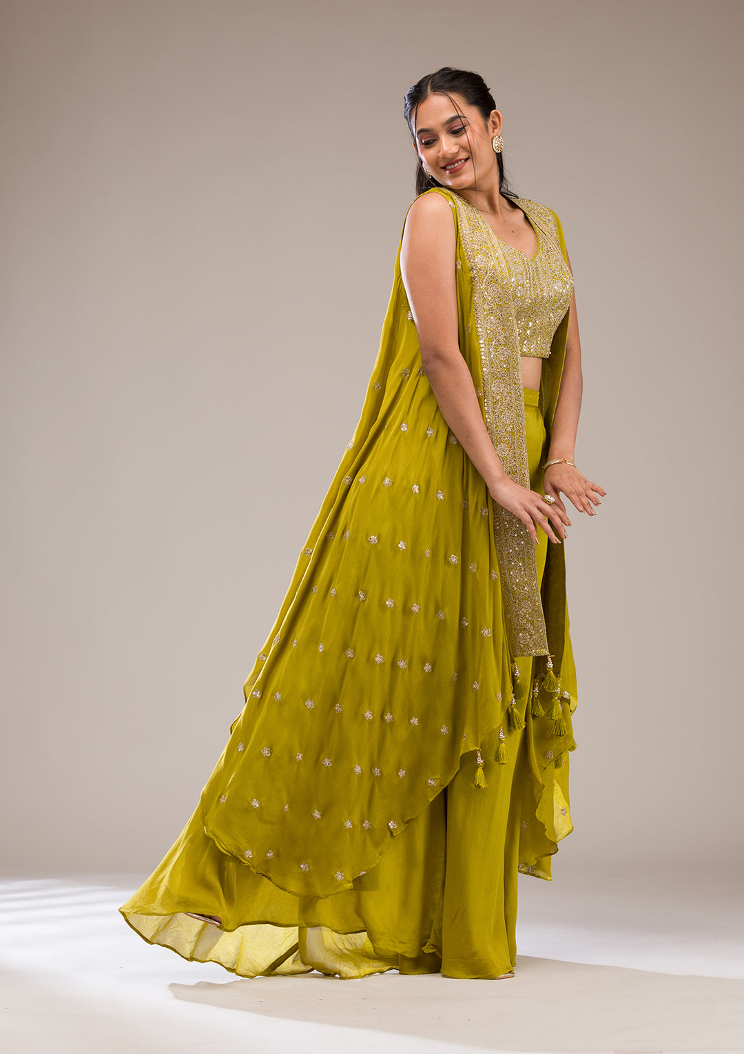 Parrot Green Zariwork Semi Crepe Readymade Salwar Suit