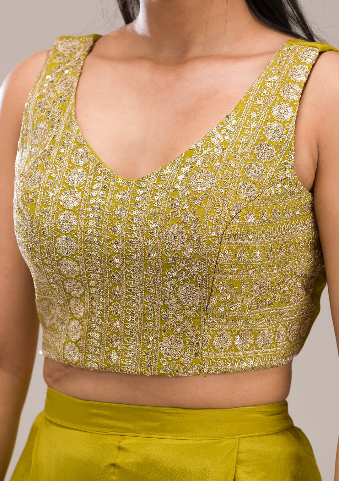 Parrot Green Zariwork Semi Crepe Readymade Salwar Suit