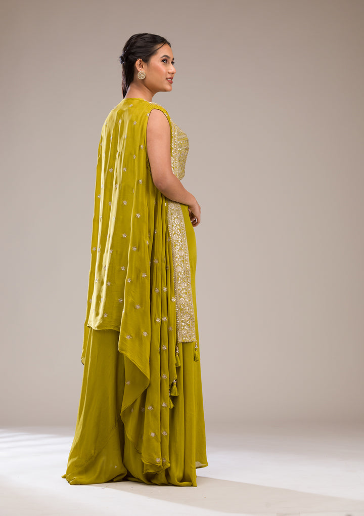 Parrot Green Zariwork Semi Crepe Readymade Salwar Suit