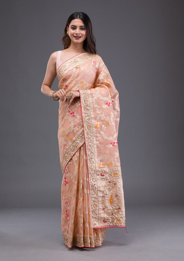 Peach Tissue Cutdana Saree With Matching Blouse Piece