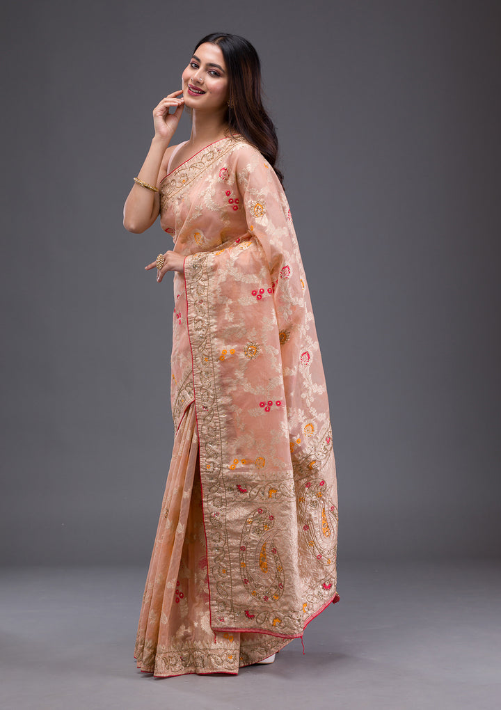 Peach Tissue Cutdana Saree With Matching Blouse Piece