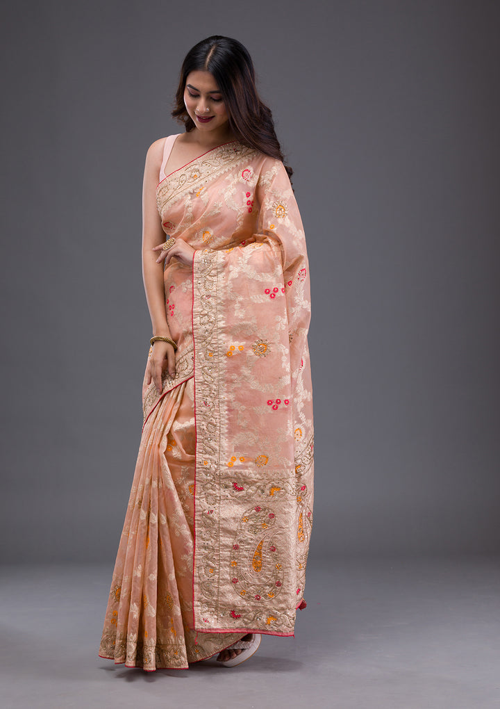 Peach Tissue Cutdana Saree With Matching Blouse Piece