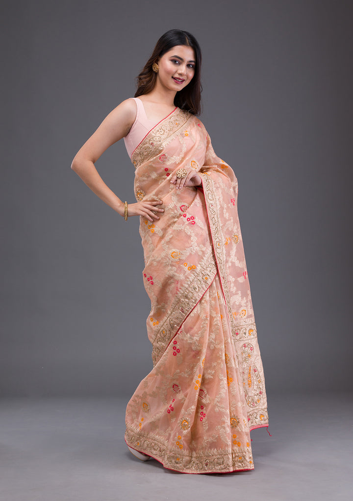 Peach Tissue Cutdana Saree With Matching Blouse Piece