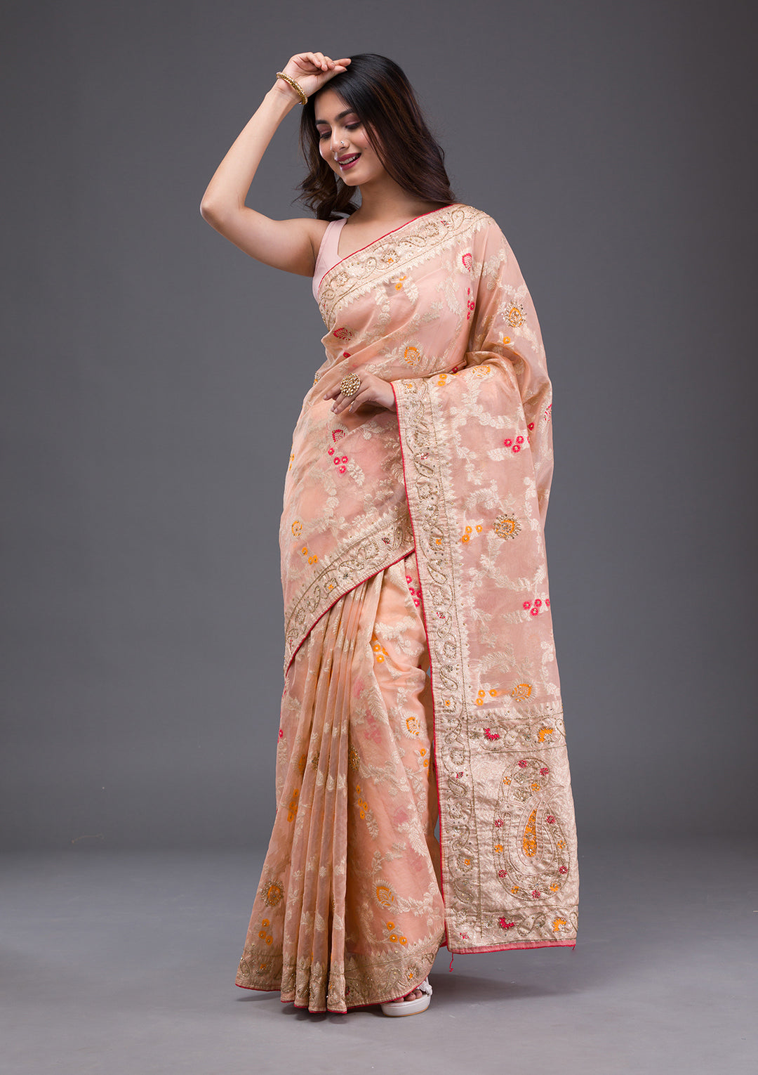 Peach Tissue Cutdana Saree With Matching Blouse Piece