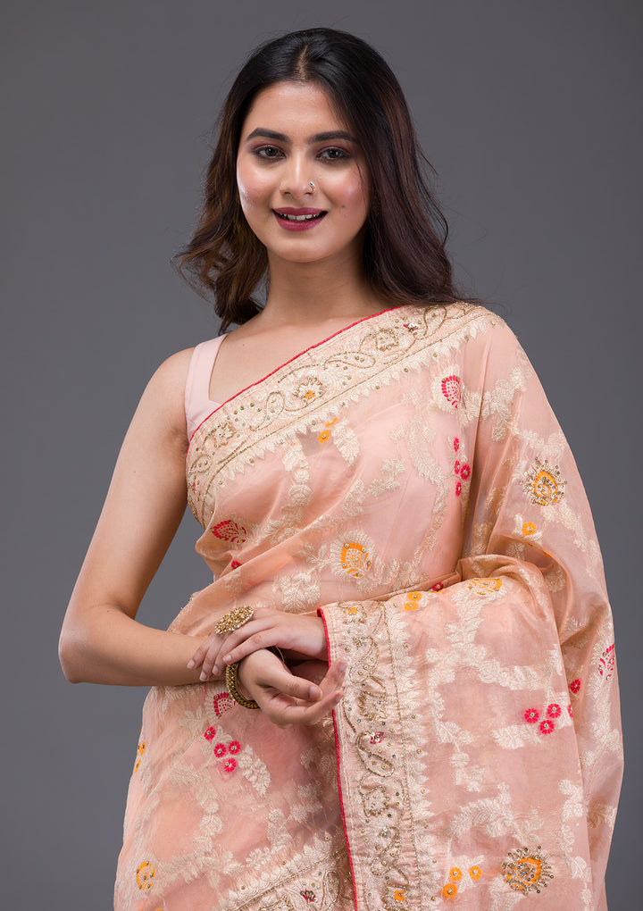 Peach Tissue Cutdana Saree With Matching Blouse Piece