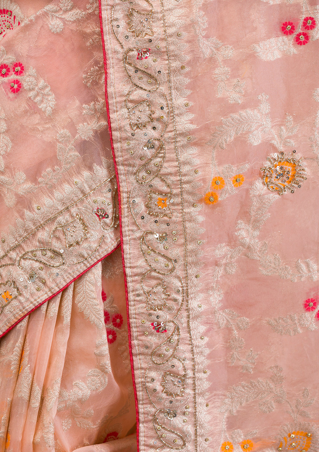 Peach Tissue Cutdana Saree With Matching Blouse Piece