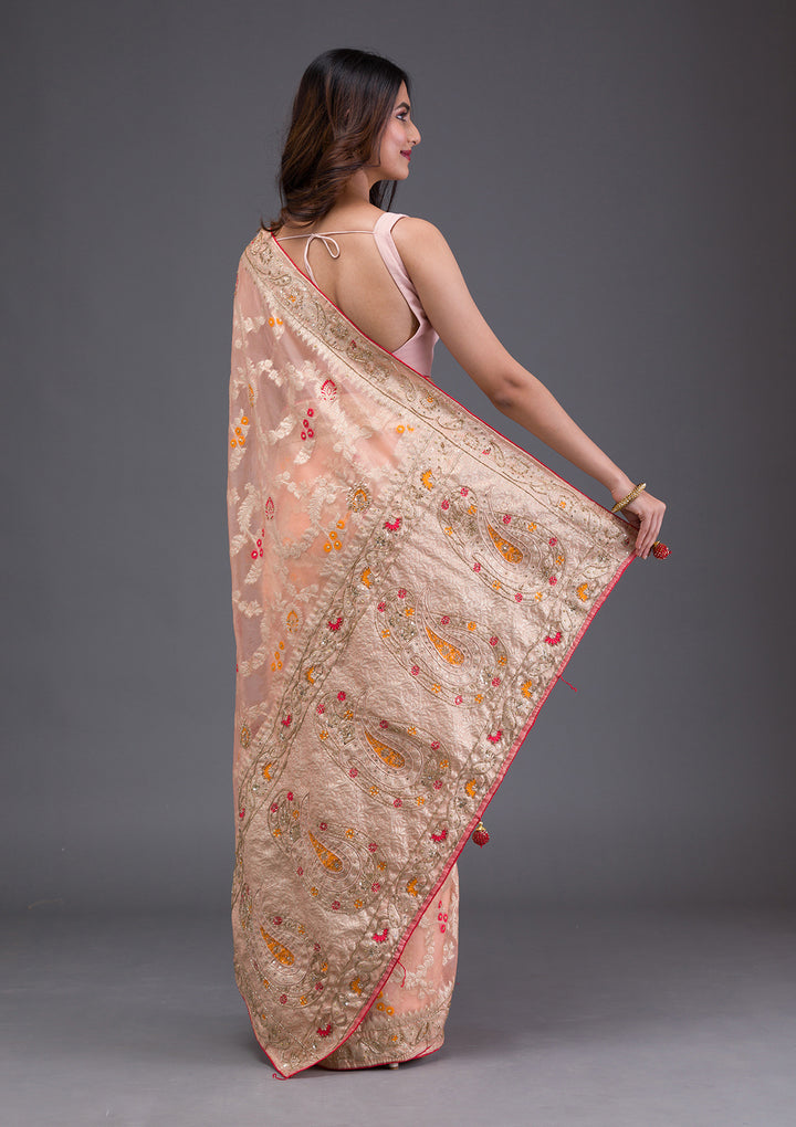 Peach Tissue Cutdana Saree With Matching Blouse Piece