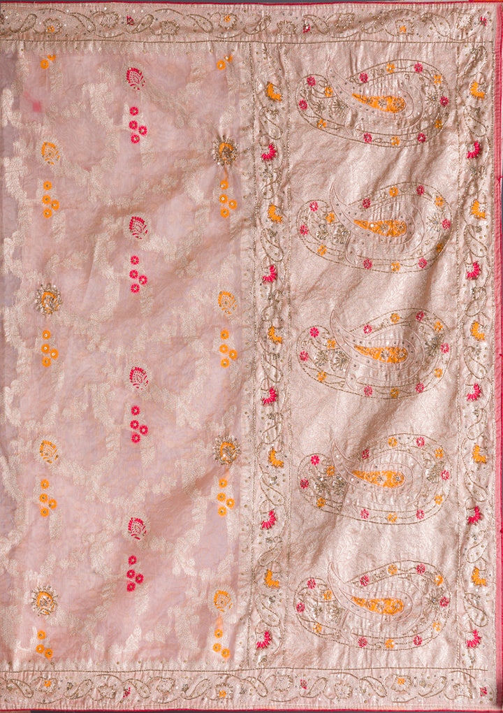 Peach Tissue Cutdana Saree With Matching Blouse Piece