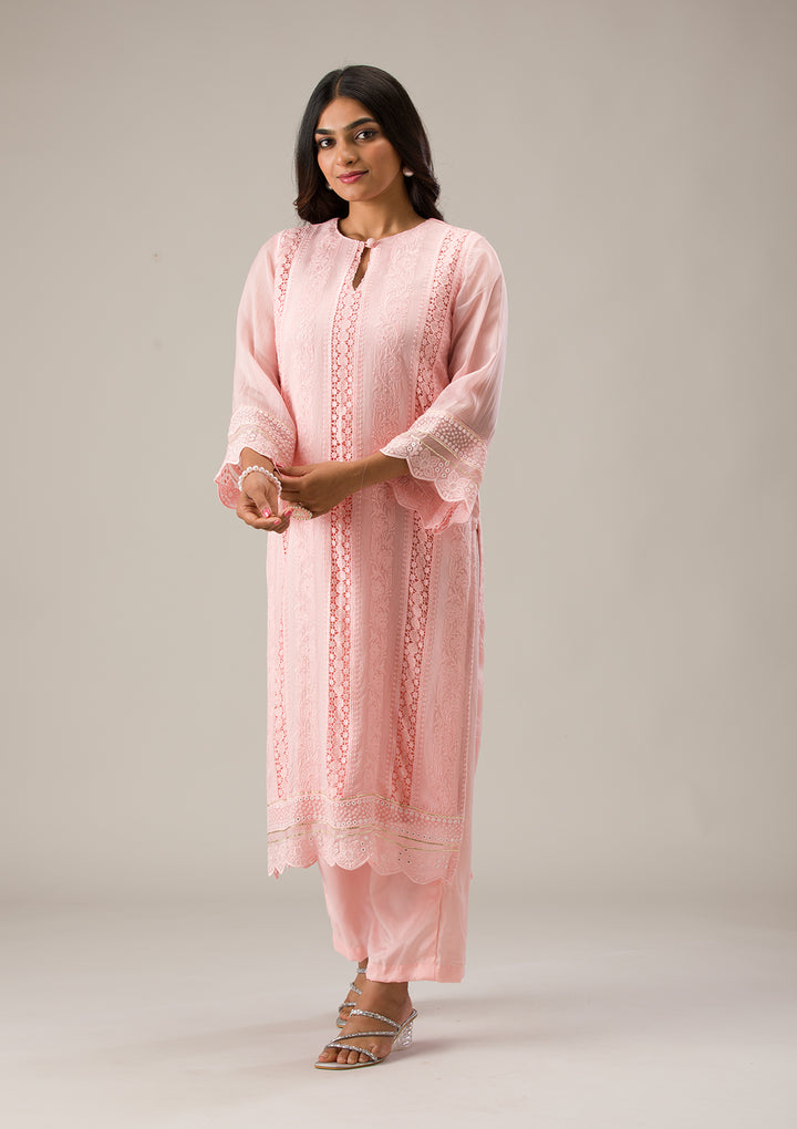 Peach Organza Threadwork Unstitched Dress Material With Matching Bottom And Dupatta
