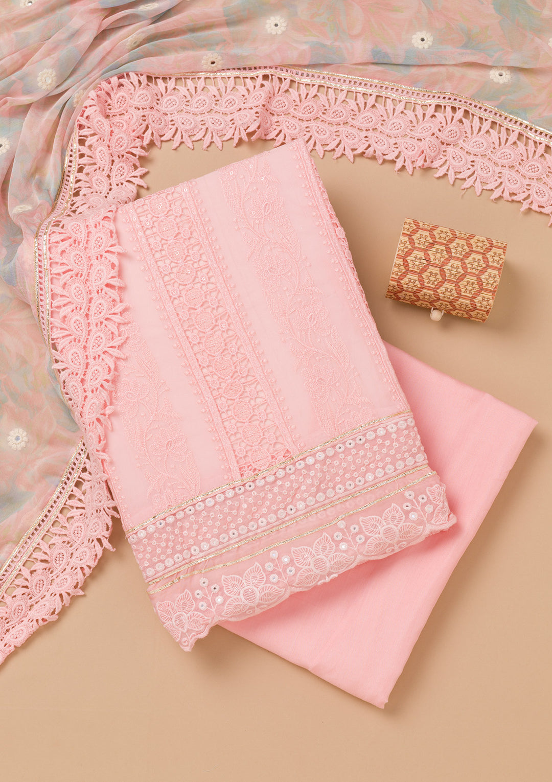 Peach Organza Threadwork Unstitched Dress Material With Matching Bottom And Dupatta