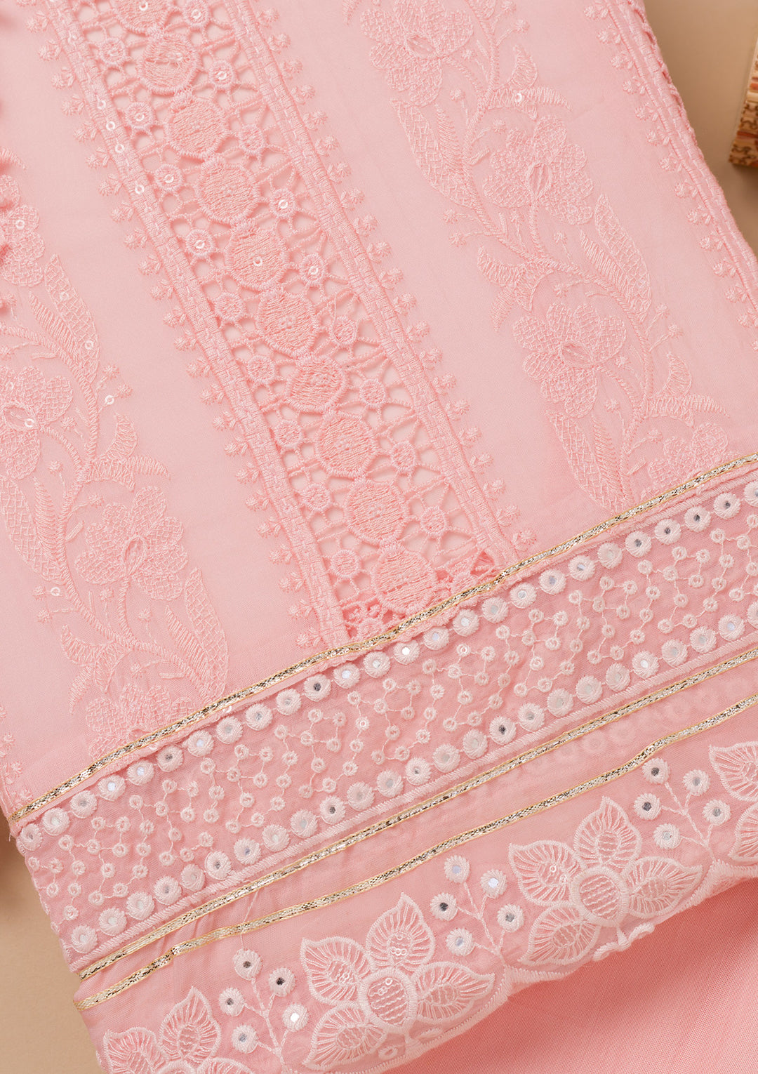 Peach Organza Threadwork Unstitched Dress Material With Matching Bottom And Dupatta