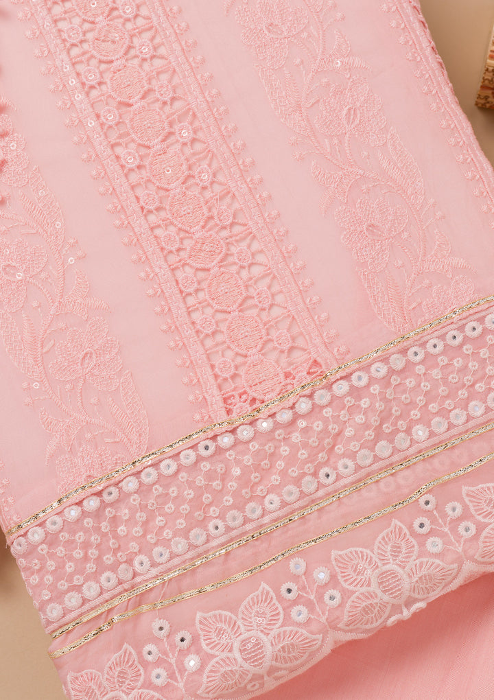 Peach Organza Threadwork Unstitched Dress Material With Matching Bottom And Dupatta