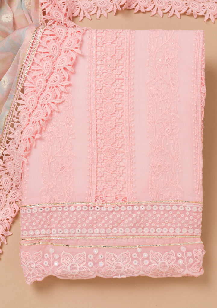 Peach Organza Threadwork Unstitched Dress Material With Matching Bottom And Dupatta