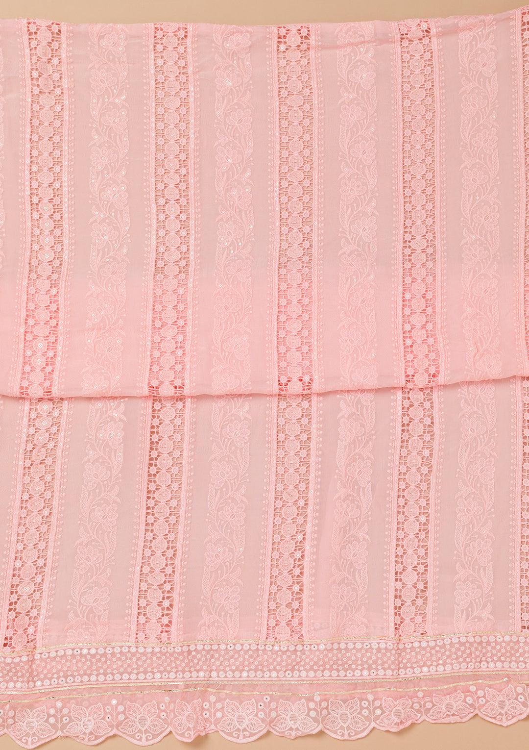 Peach Organza Threadwork Unstitched Dress Material With Matching Bottom And Dupatta