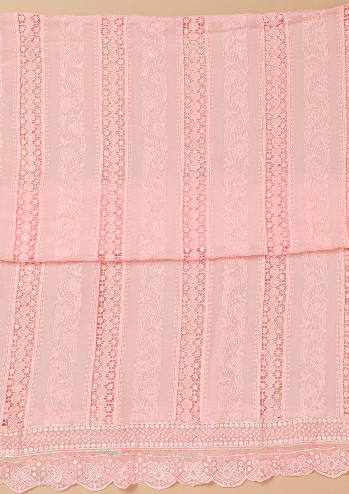 Peach Organza Threadwork Unstitched Dress Material With Matching Bottom And Dupatta