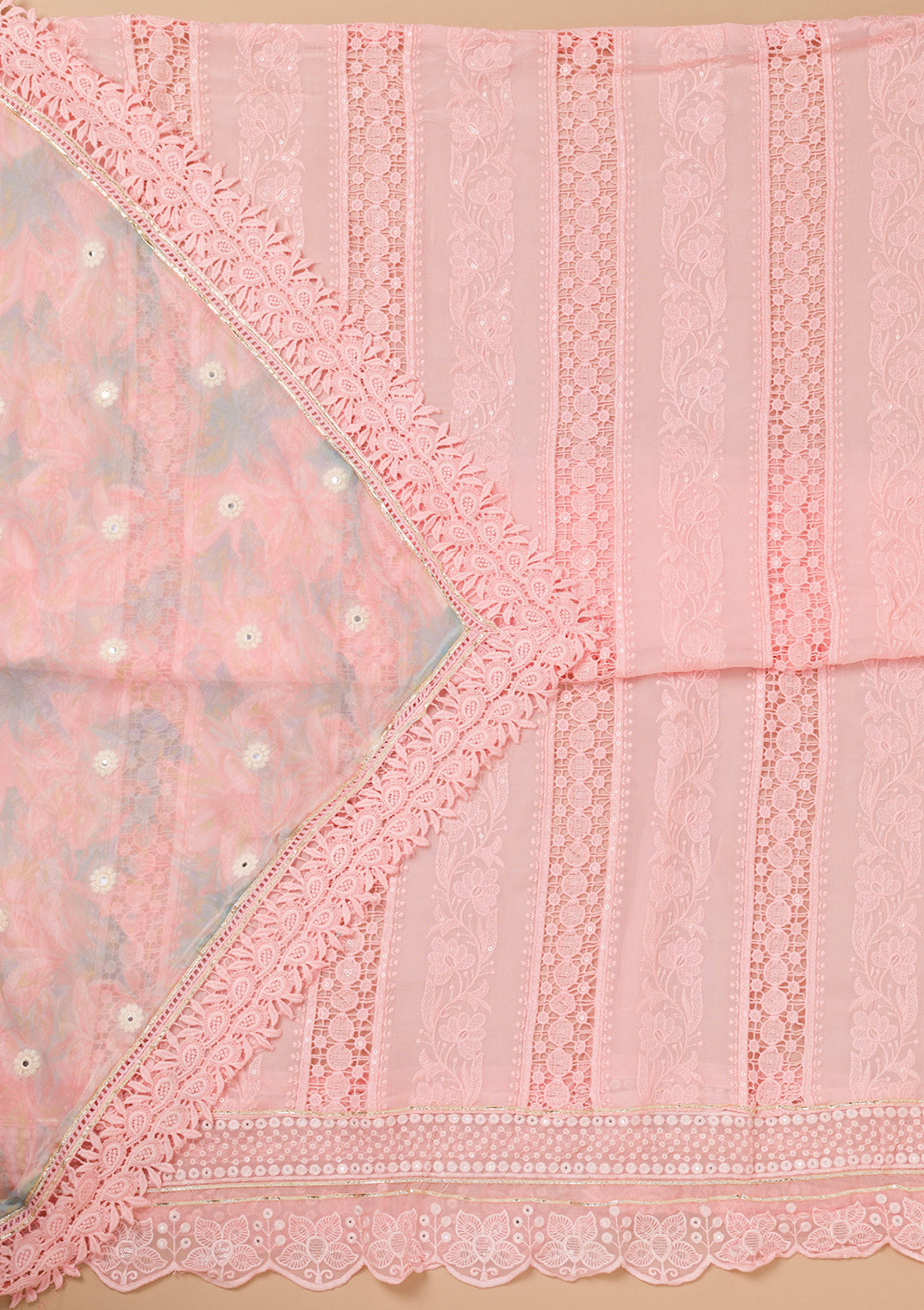 Peach Organza Threadwork Unstitched Dress Material With Matching Bottom And Dupatta