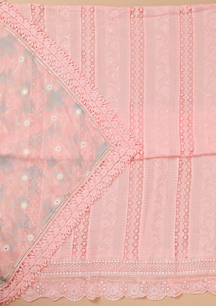 Peach Organza Threadwork Unstitched Dress Material With Matching Bottom And Dupatta