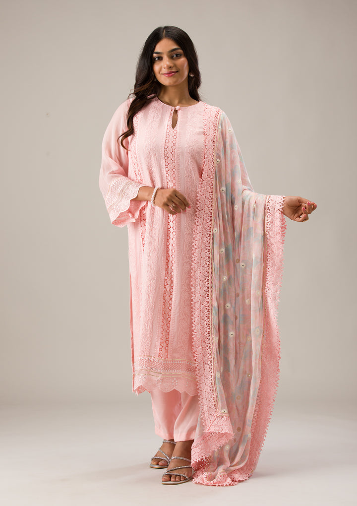 Peach Organza Threadwork Unstitched Dress Material With Matching Bottom And Dupatta