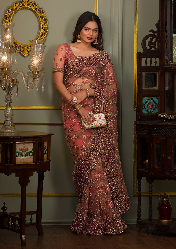 Peach Stonework Net Saree-Koskii
