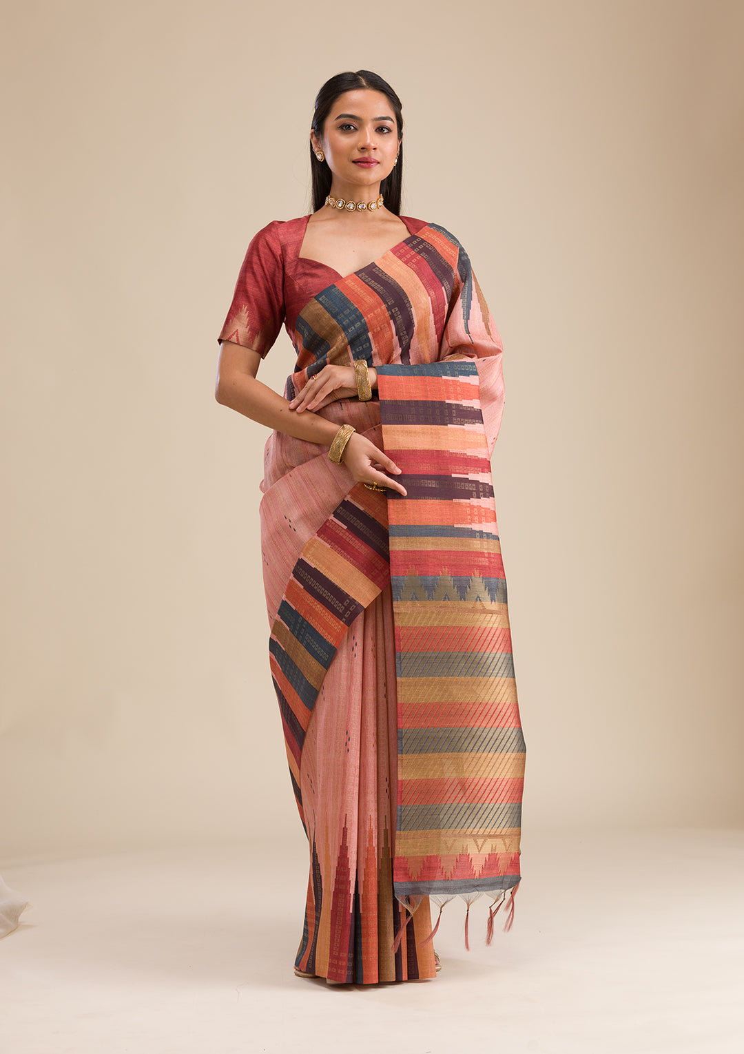Peach Silk Buti Saree With Matching Blouse Piece