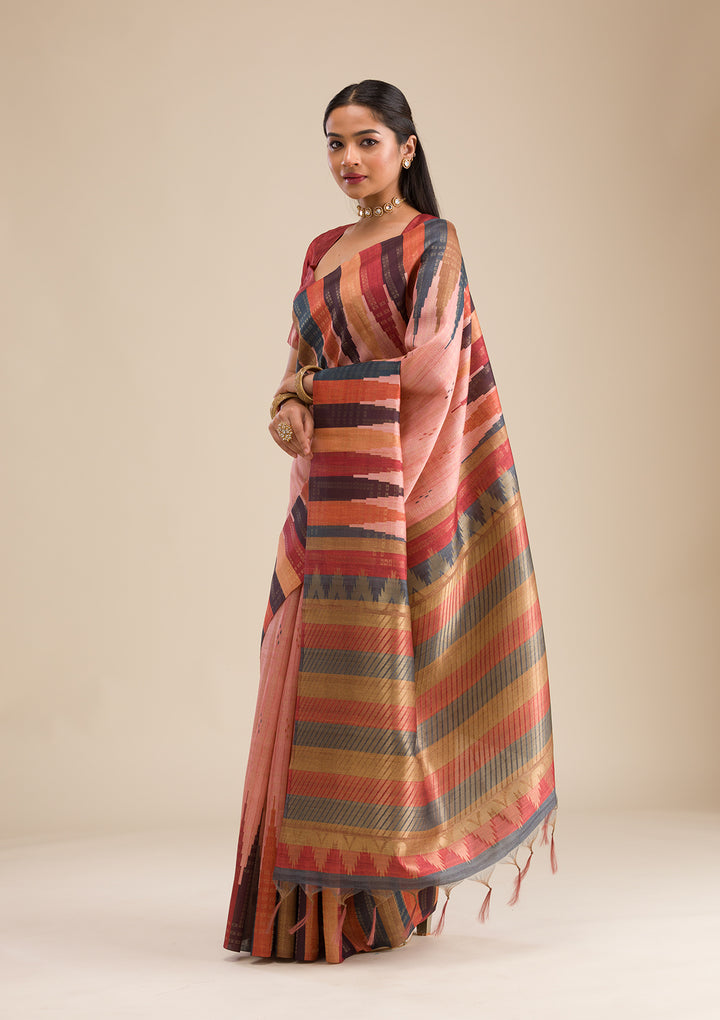 Peach Silk Buti Saree With Matching Blouse Piece