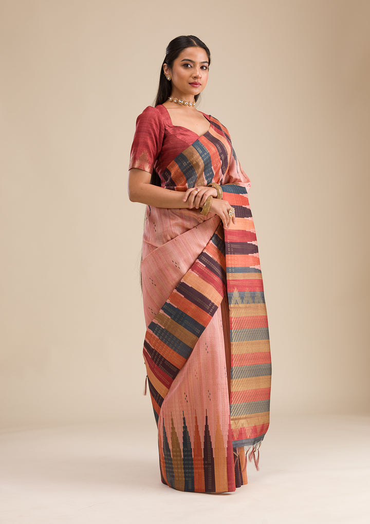 Peach Silk Buti Saree With Matching Blouse Piece