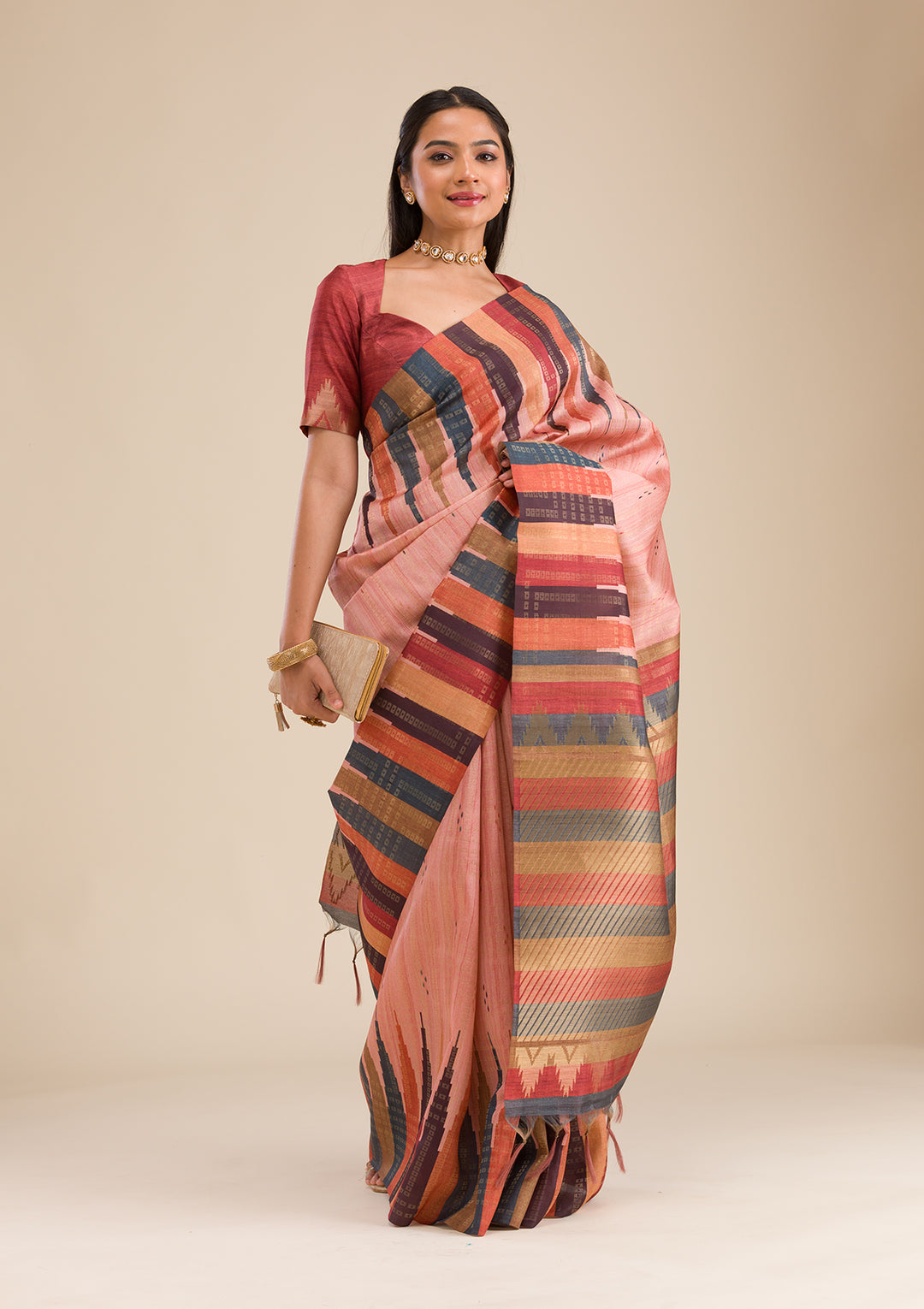 Peach Silk Buti Saree With Matching Blouse Piece