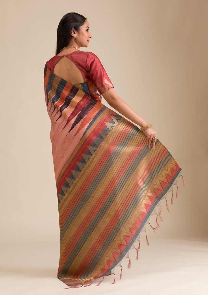 Peach Silk Buti Saree With Matching Blouse Piece