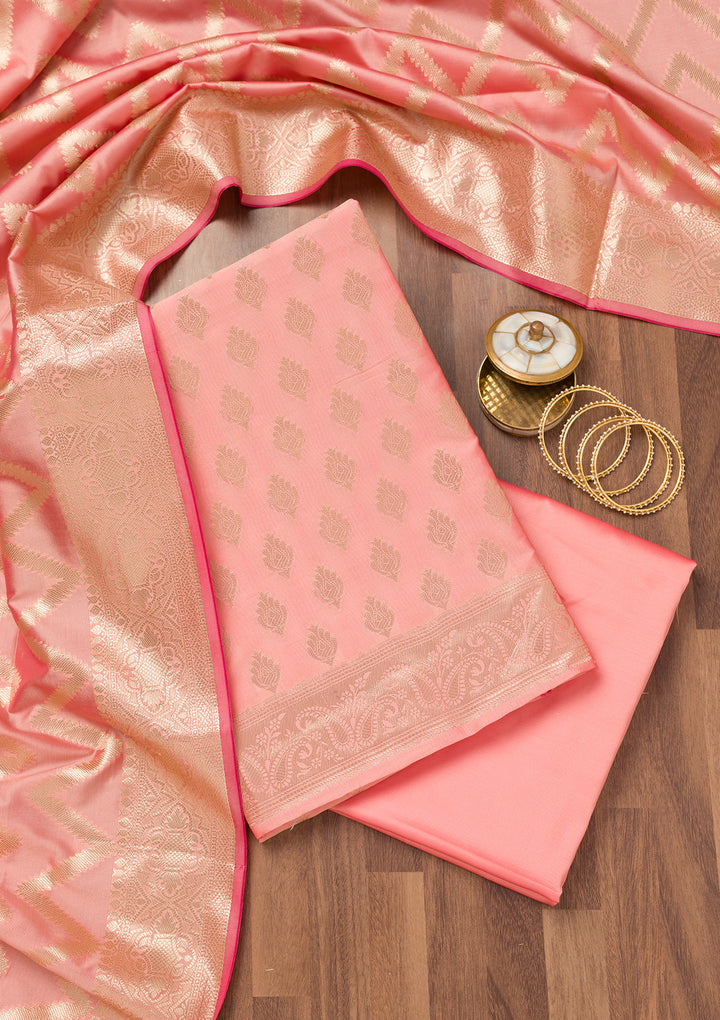 Peach Zariwork (Gold) Silk Unstitched Salwar Suit