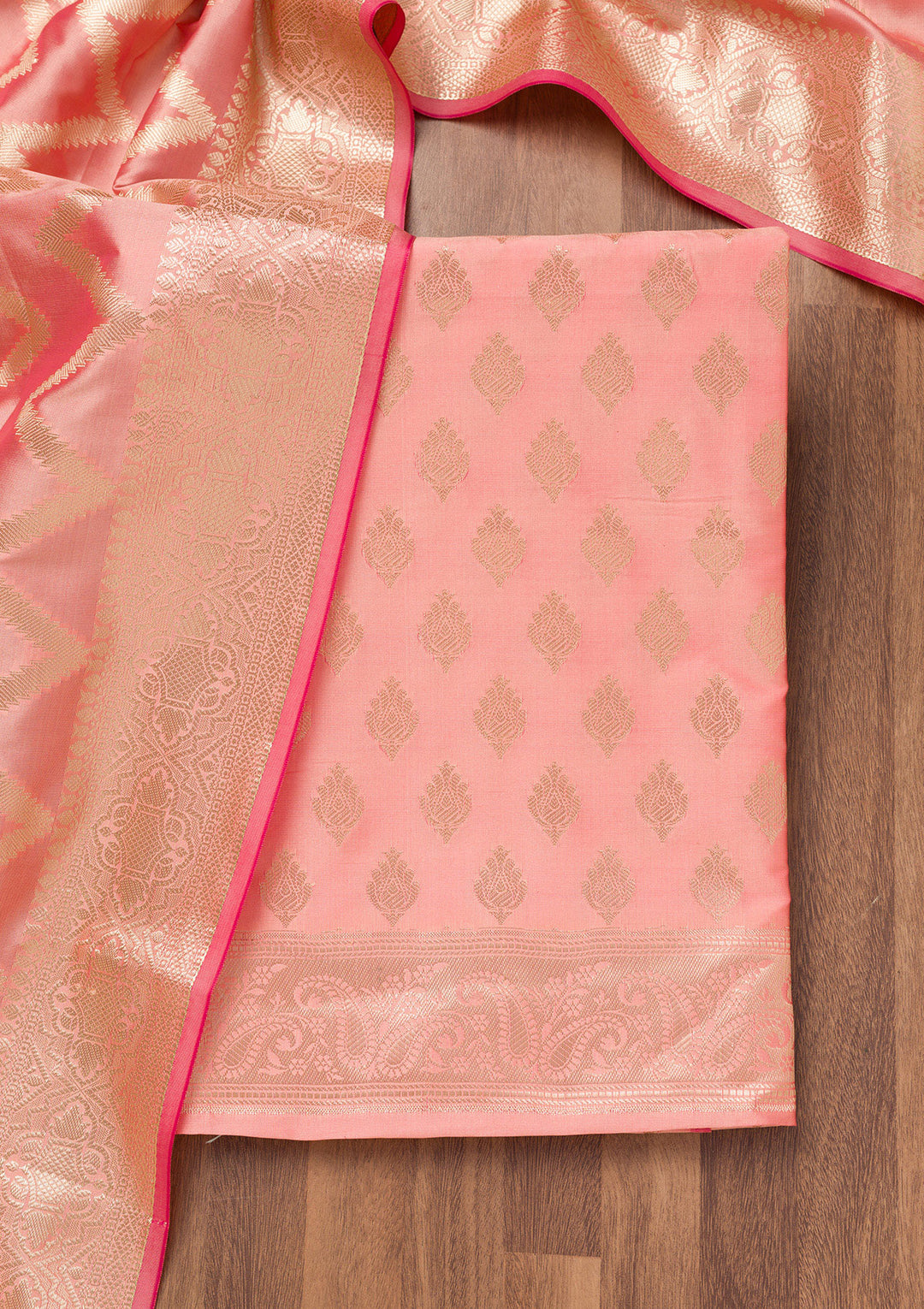 Peach Zariwork (Gold) Silk Unstitched Salwar Suit