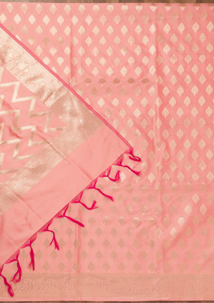 Peach Zariwork (Gold) Silk Unstitched Salwar Suit